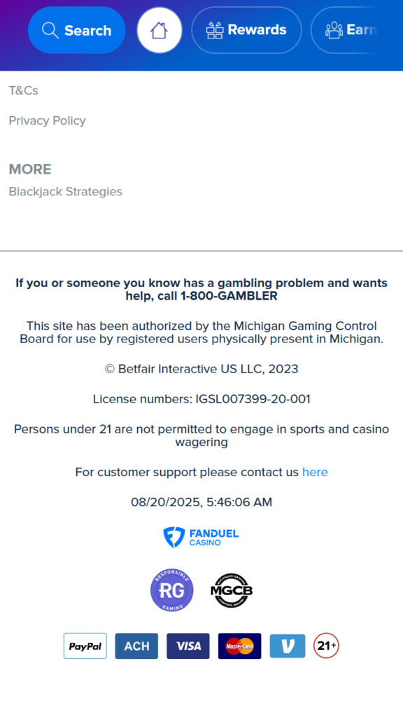 Screengrab of FanDuel casinos' Payment methods and customer support details